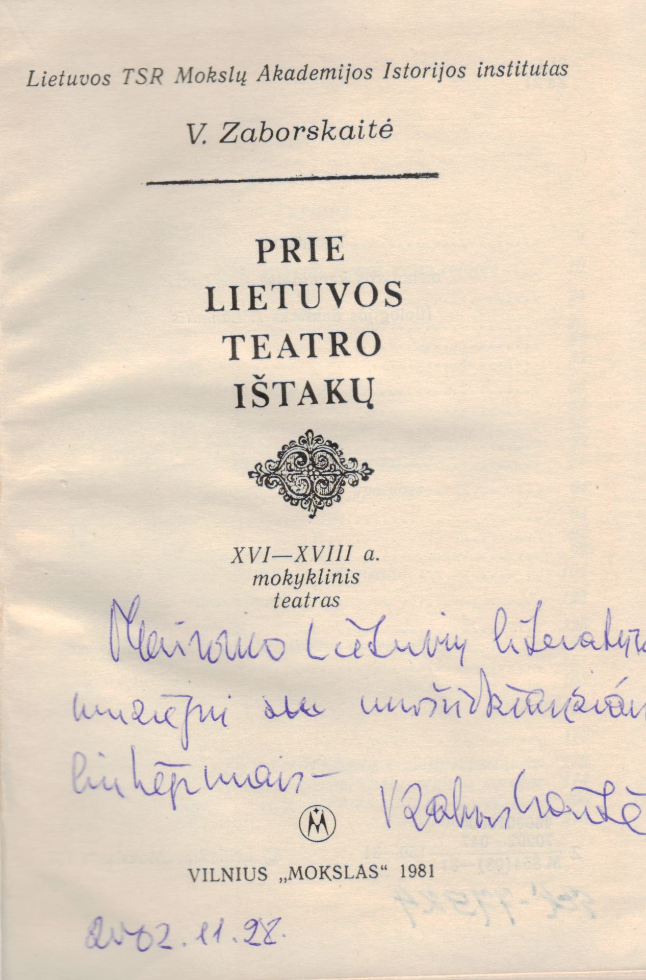 V. Zaborskaitės dedikacija knygoje „Prie Lietuvos teatro ištakų“. MLLM 77924