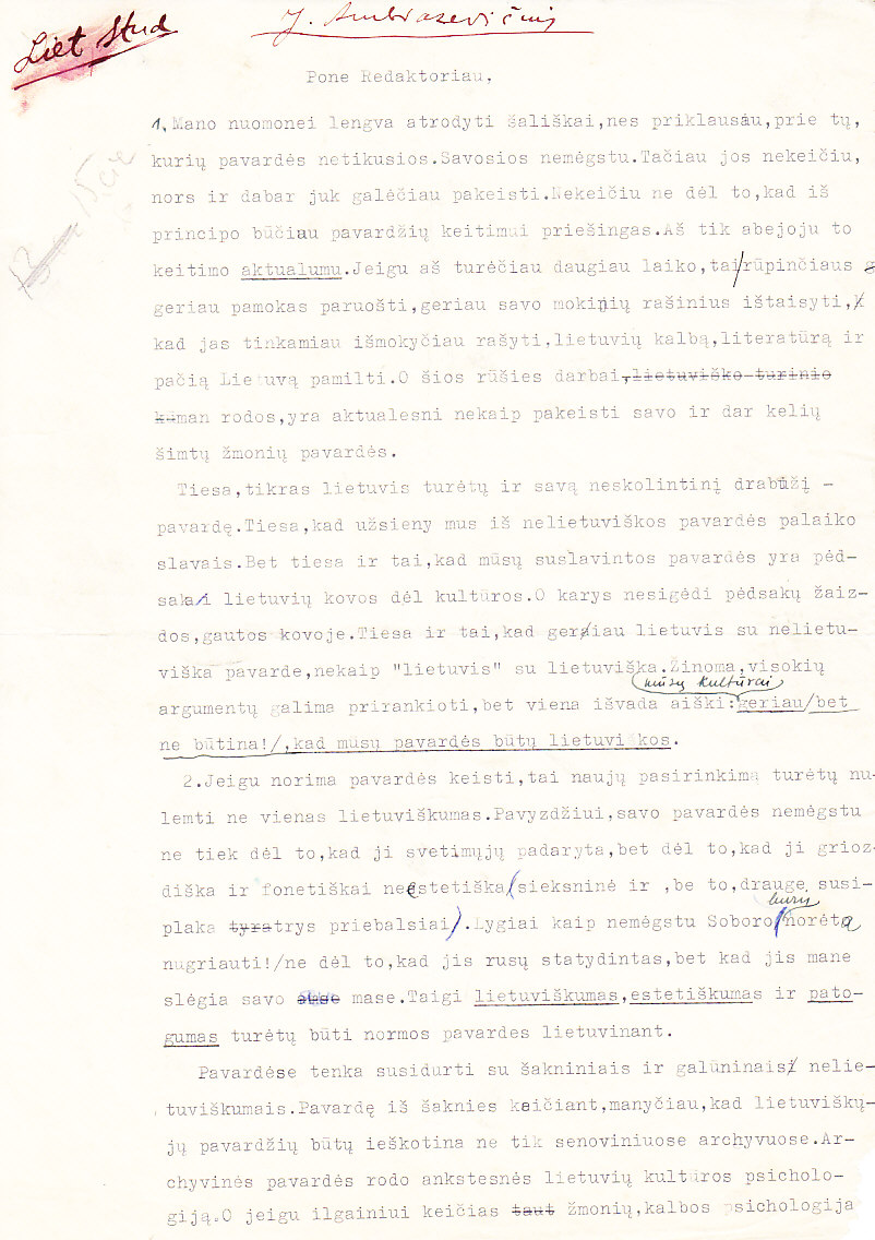 J. Ambrazevičiaus laiškas Lietuvos studento redaktoriui. MLLM 32187