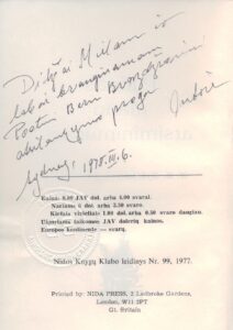 M.M. Mykolaitytės dedikacija B. Brazdžioniui knygoje „Putinas mano atsiminimuose“. Londonas. 1977 m. BBR 1902 / MB 1916
