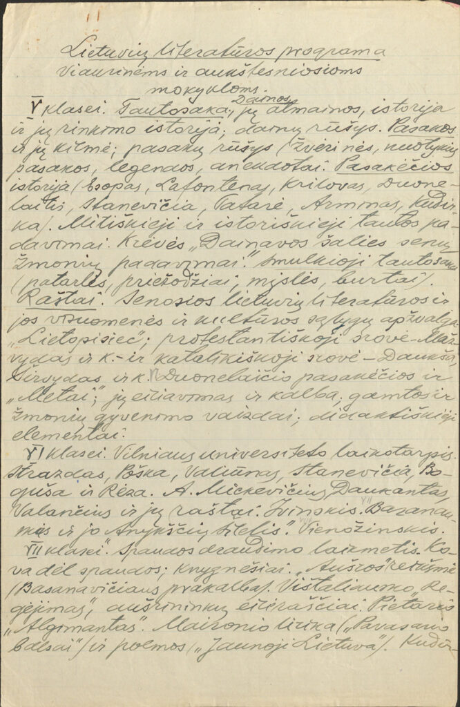 Vaižganto sudaryta Lietuvių literatūros programa, XX a. pr. MLLM 12360