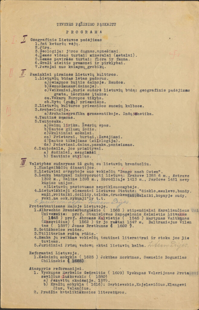 Vaižganto sudaryta „Tėvynės pažinimo“ paskaitų programa. Apie 1922–1929 m. MLLM 12428