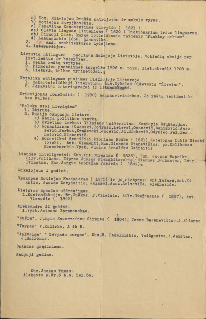 Vaižganto sudaryta „Tėvynės pažinimo“ paskaitų programa. Apie 1922–1929 m. MLLM 12428