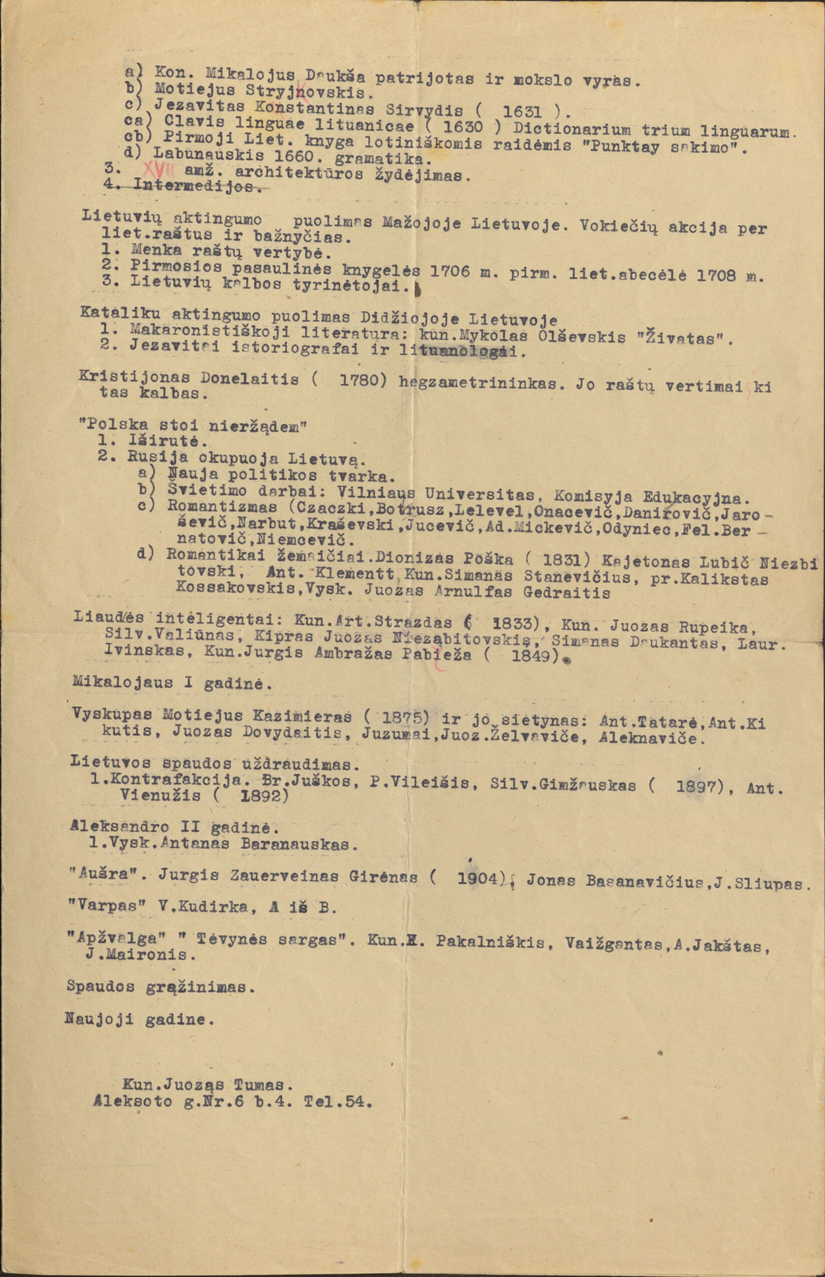 Vaižganto sudaryta „Tėvynės pažinimo“ paskaitų programa. Apie 1922–1929 m. MLLM 12428