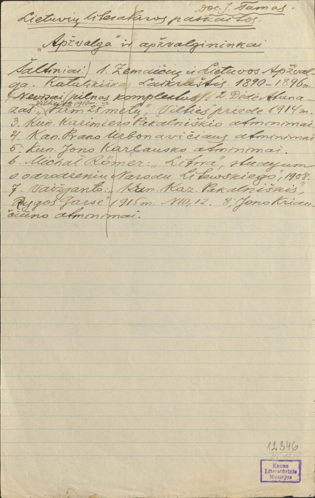 Lietuvių literatūros paskaitos: „Apžvalga“ ir apžvalgininkai“. Apie 1920–1930 m. MLLM 12346