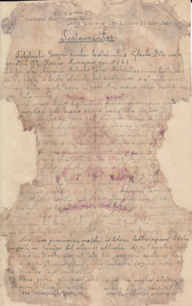 Maironio testamentas, Kaunas, 1930 m. MLLM 7123