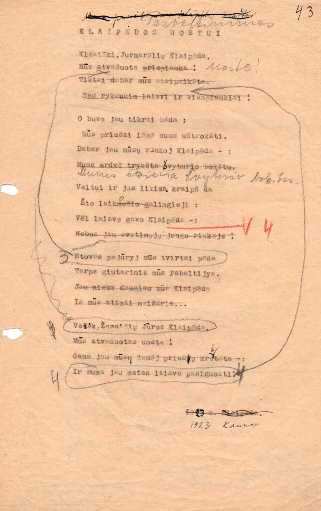Salio Šemerio eilėraštis „Pasveikinimas Klaipėdos uostui“. Kaunas, 1923 m. MLLM_6897