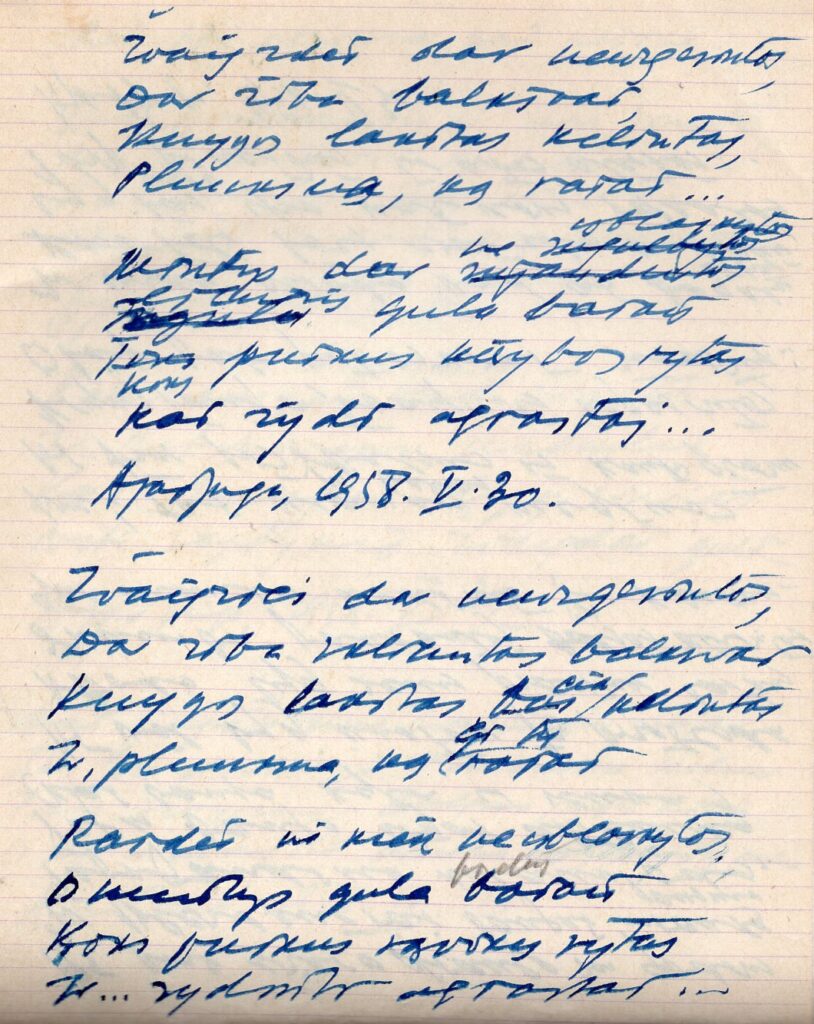 J. Žlabio-Žengės eilėraščio rankraštis. 1958 m. MLLM 62836
