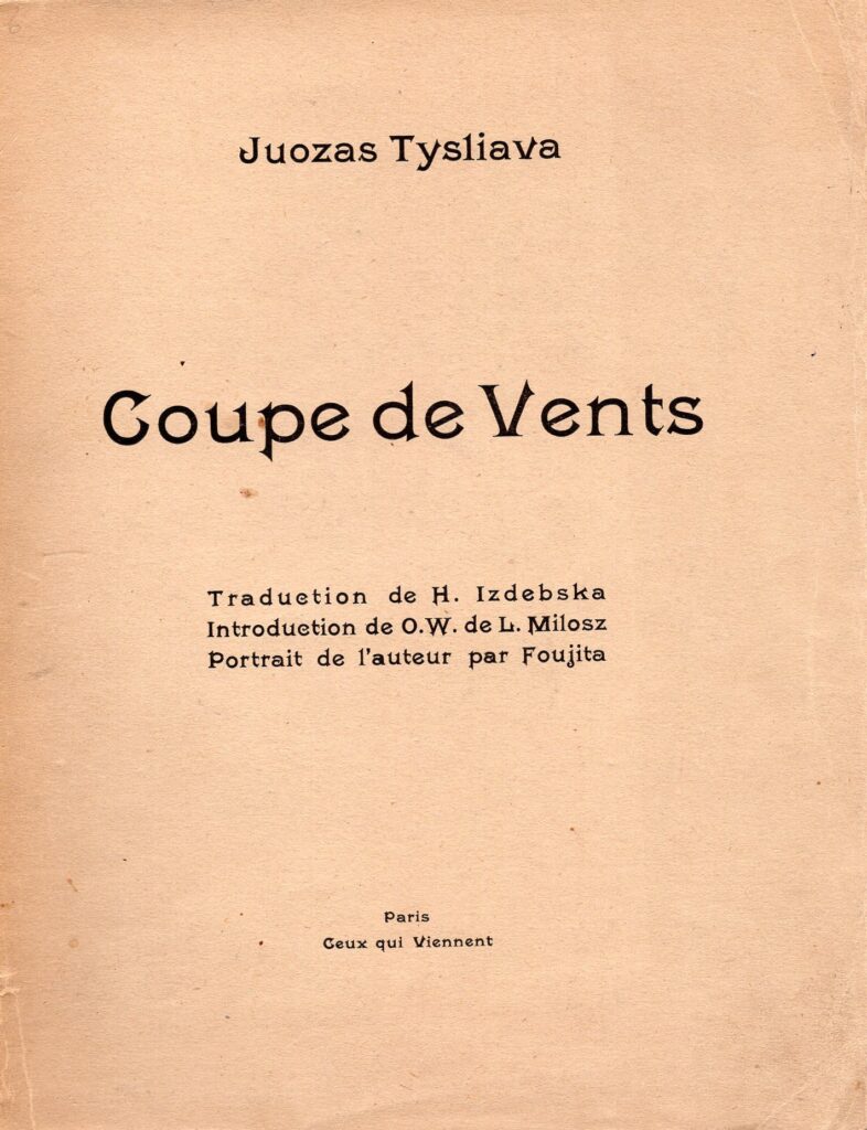 Juozas Tysliava. Coupe de vents (Vėjų taurė). Eilėraščiai prancūzų kalba. Paryžius, 1929. MLLM 28656