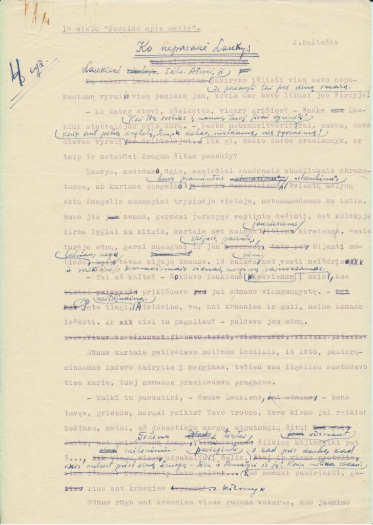 Novelė „Ko nepasakė Laukys“ J. Baltušiui 1966 m. pelnė pirmąją Žemaitės literatūrinę premiją. MLLM 16301