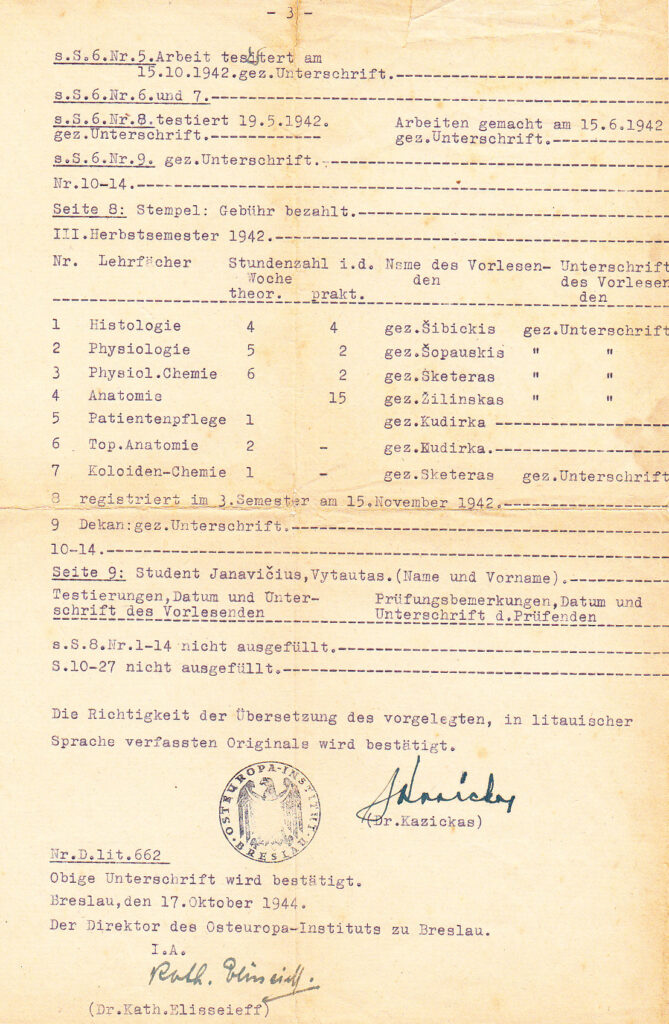 V. Janavičiaus VU studijų knygelės Nr. 662 išrašas, išduotas Breslau. 1944 m. MLLM 135590 D