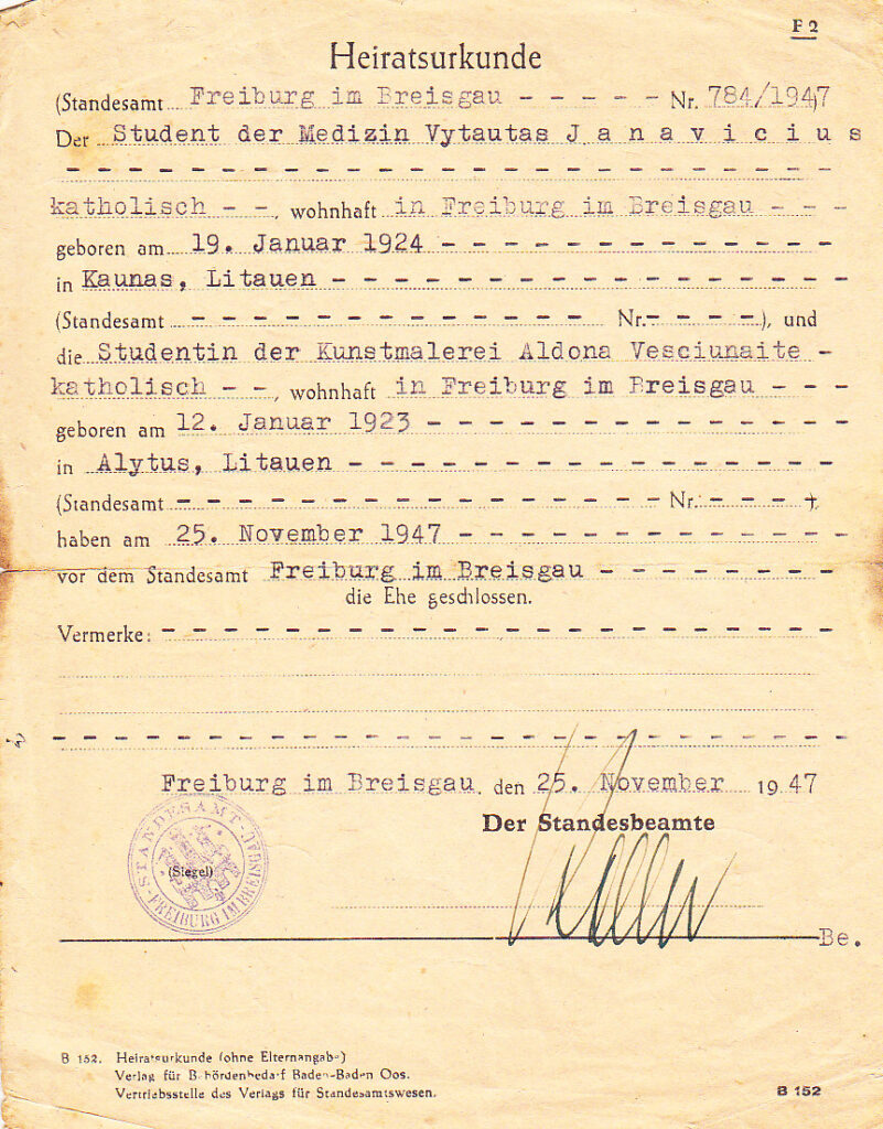 A. Veščiūnaitės ir V. Janavičiaus santuokos liudijimas Nr. 784, išduotas Freiburgeę im Bregau, 1947 11 25 MLLM 135583 D