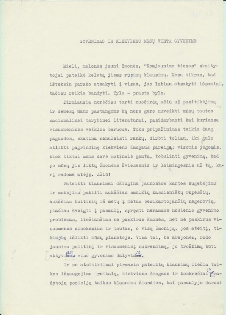 J. Baltušio straipsnis. 1986 m. MLLM 39283