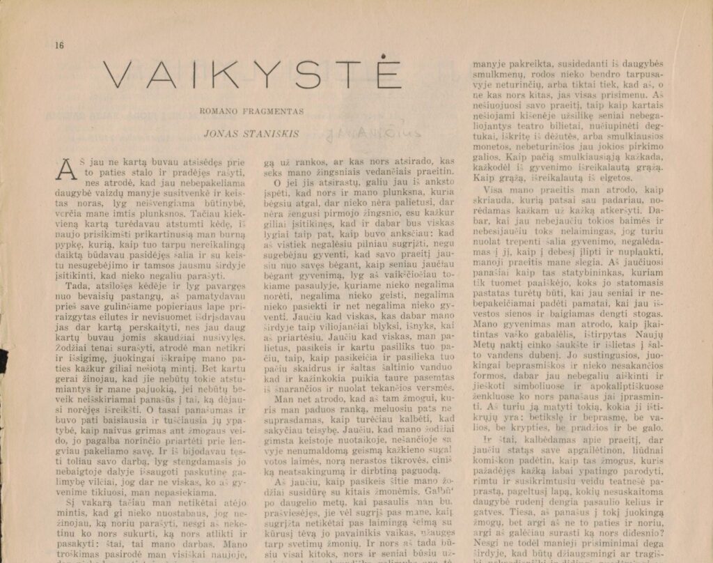 Literatūros lankai. 1952 m. V. Janavičiaus romano Jaunystė fragmentas. MLLM 33134