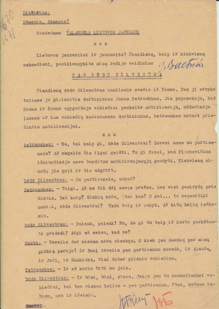 Tekstas radijo programai „Pas dėdę Silvestrą“. Maskva, apie 1942 m. MLLM 16302