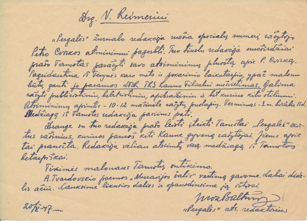 „Pergalės“ atsakingojo redaktoriaus laiškas Vaciui Reimeriui. 1947 05 20. MLLM 7709