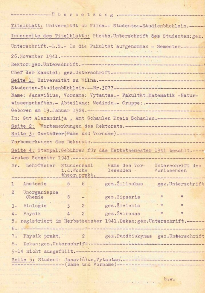 V. Janavičiaus VU studijų knygelės Nr. 662 išrašas, išduotas Breslau. 1944 m. MLLM 135590 D