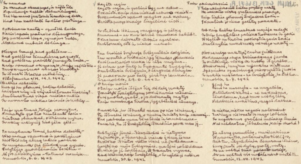 J. Aisčio eilėraščių rankraštis. Grenoblis, 1942-07-12. MLLM 136671