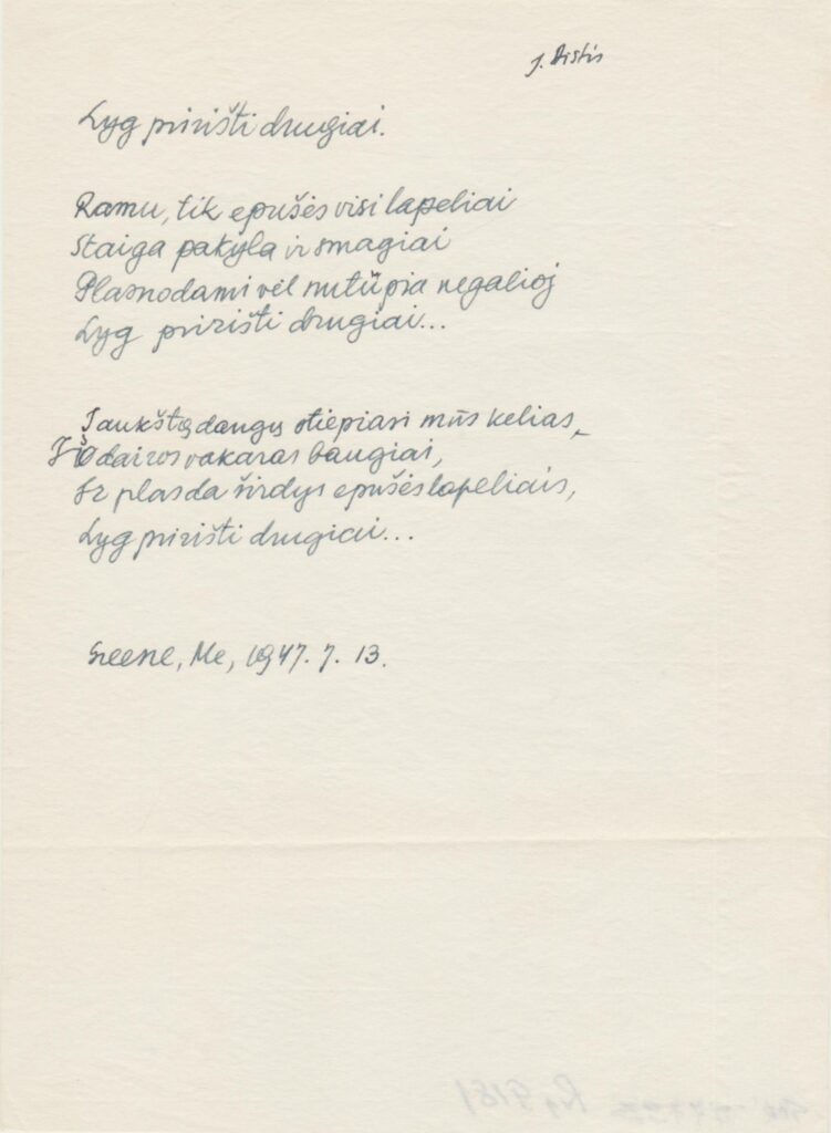 J. Aisčio eilėraštis „Lyg pririšti drugiai“. Greene, 1947-07-13. MLLM 97793
