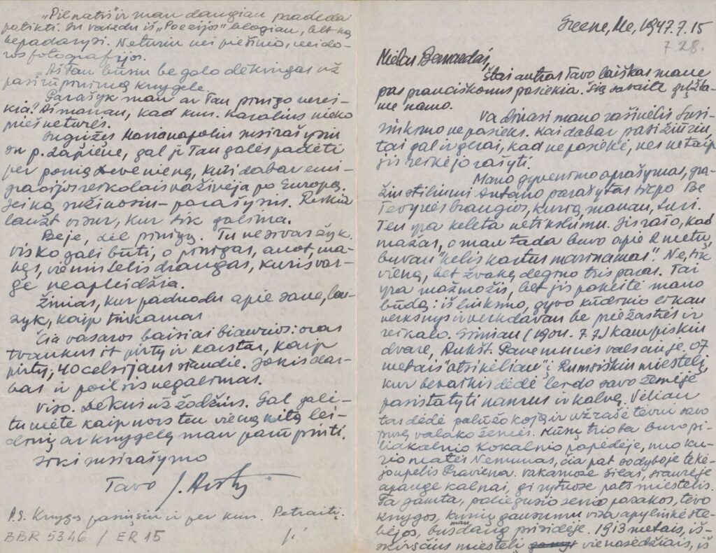 J. Aisčio ranka rašytas laiškas B. Brazdžioniui. JAV, 1947-07-15. BBR 5346