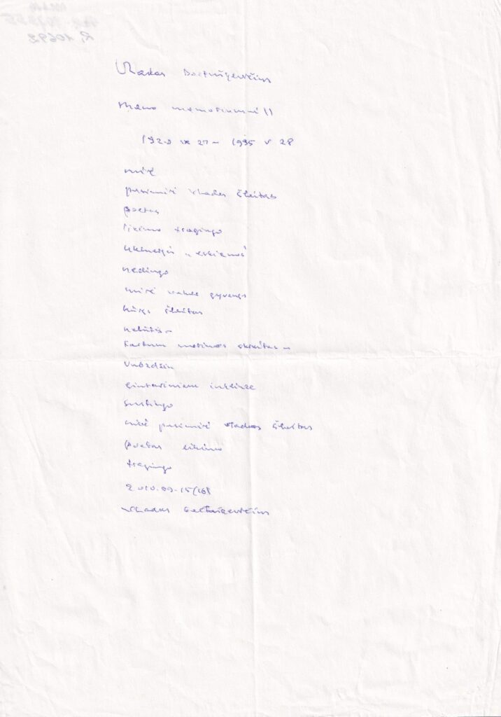 V. Baltuškevičiaus eilėraštis „Mano memoriumai“, skirtas poetui V. Šlaitui. Kaunas, 2010 m. rugsėjo 15 (16) d. MLLM 107355