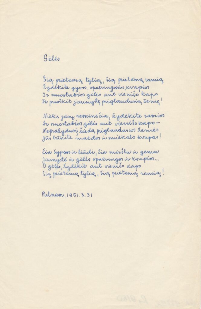 J. Aisčio eilėraštis „Gėlės“. Putnamas, 1951-03-31. MLLM 97792
