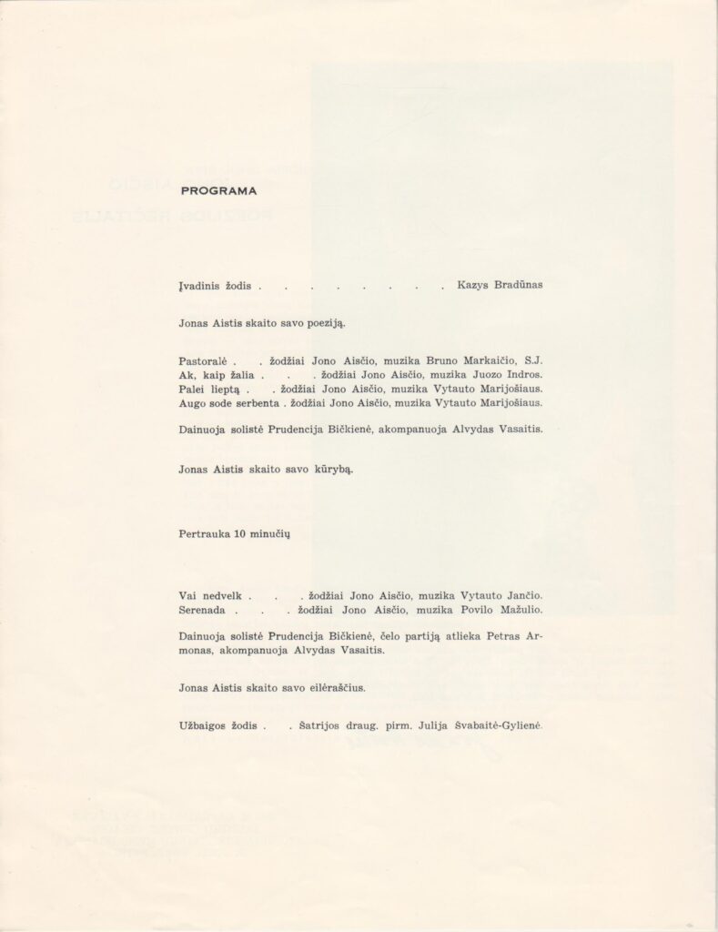 Jono Aisčio poezijos rečitalio programa. Čikaga, 1968-11-02. MLLM P68751