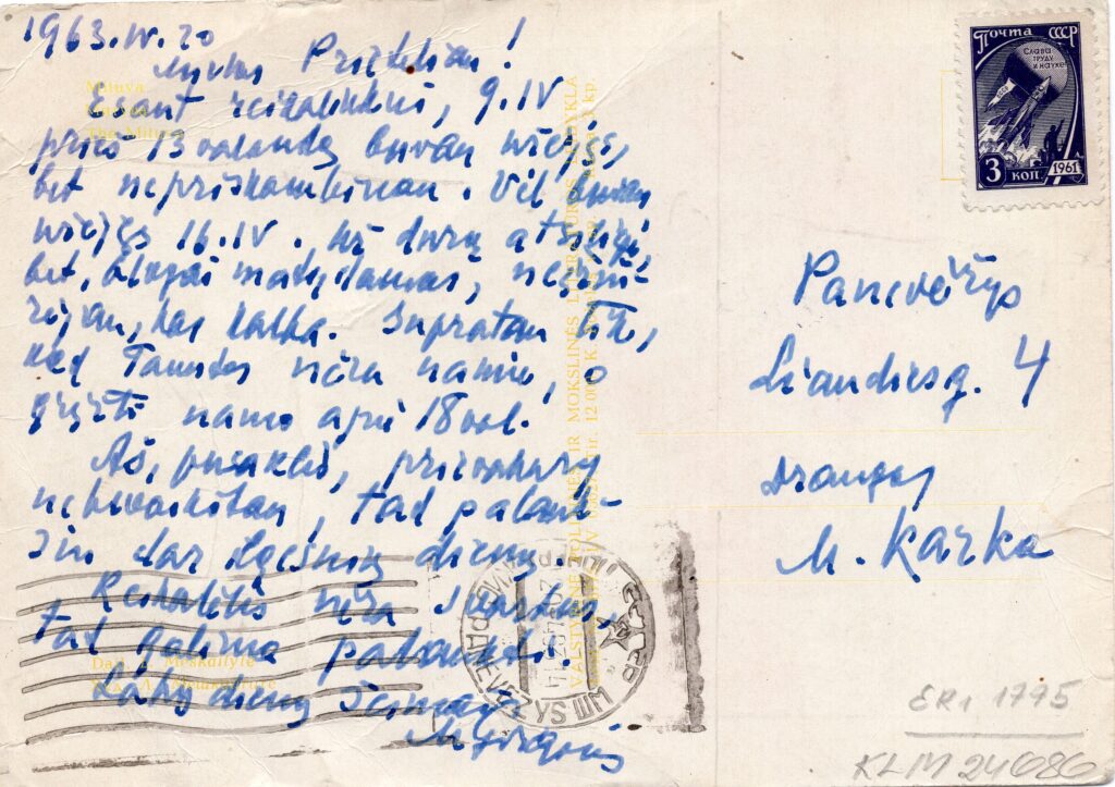 M. Grigonio laiškas M. Karkai rašytas 1963-04-20. MLLM 24686
