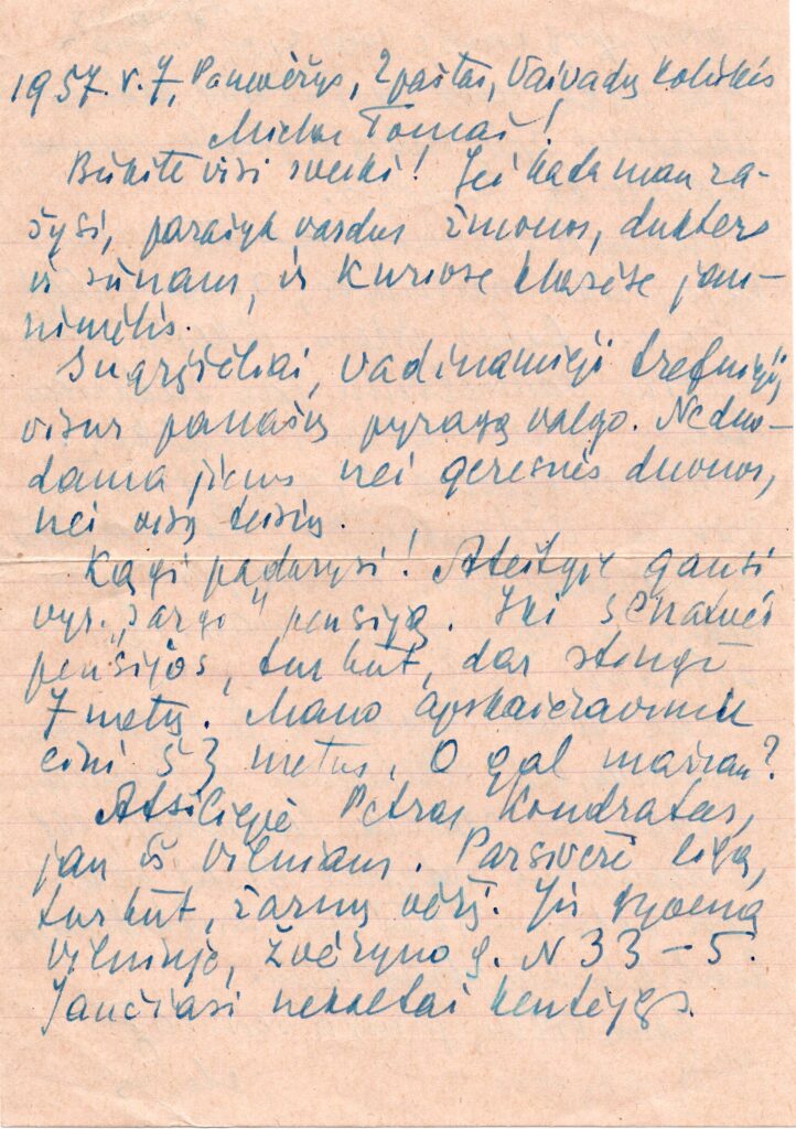 M. Grigonio laiškas T. Glodui rašytas 1957-05-07. MLLM 14351