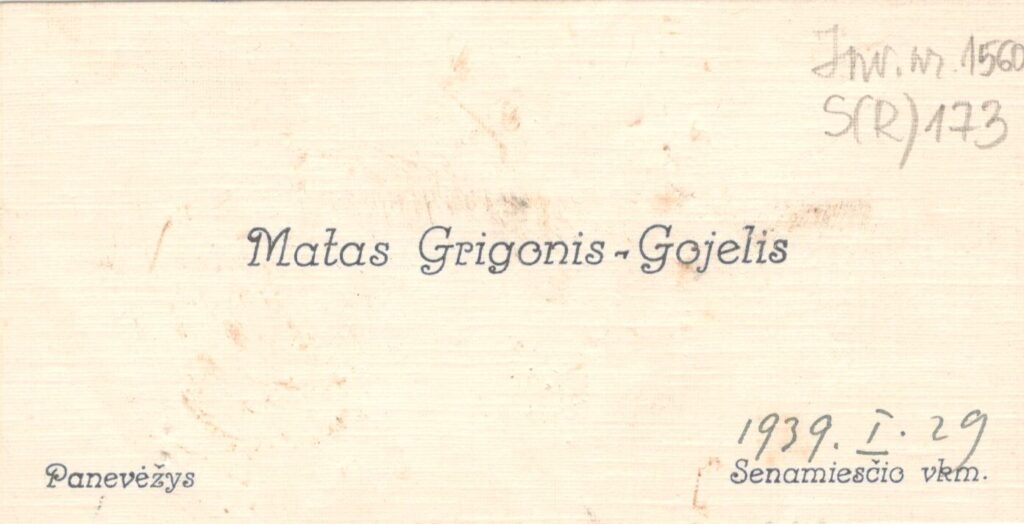 M. Grigonio vizitinė kortelė. 1939-01-29. MLLM 1560