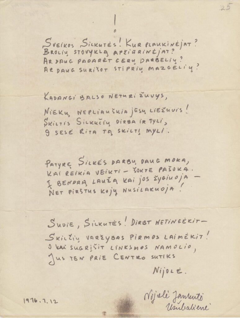 N. Jankutės eiliuotas sveikinimas skautėms „Sveikos silkutės!…“ 1976 07 12. MLLM 78637