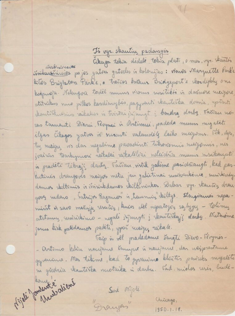 N. Jankutės pasisakymo tekstas „Iš vyr. skaučių padangės“. Čikaga, 1950 01 17. MLLM 81155