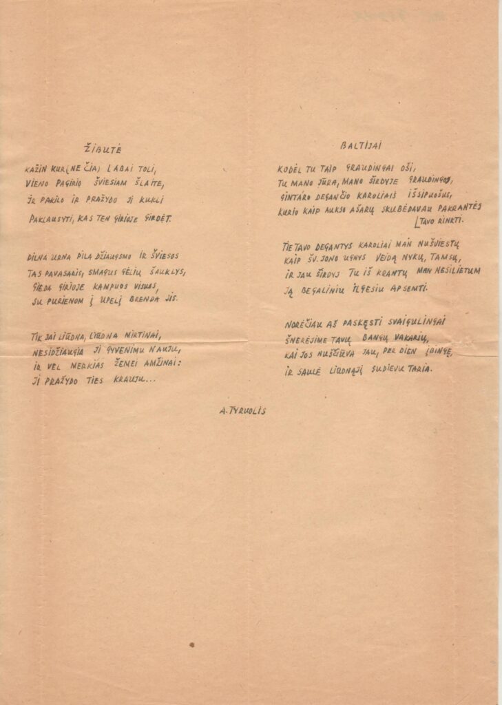 A. Šešplaukio-Tyruolio eilėraščiai Žibutė ir Baltijai. JAV, apie 1950 m. MLLM 74362