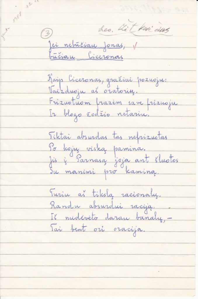L. Žitkevičiaus eilėraštis „Jei nebūčiau Jonas, / būčiau Ciceronas“. MLLM 40421