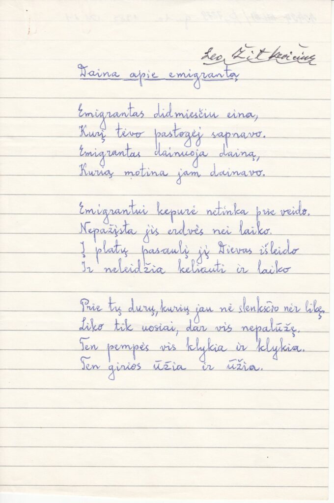 L. Žitkevičiaus eilėraštis „Daina apie emigrantą“. MLLM 40424 1