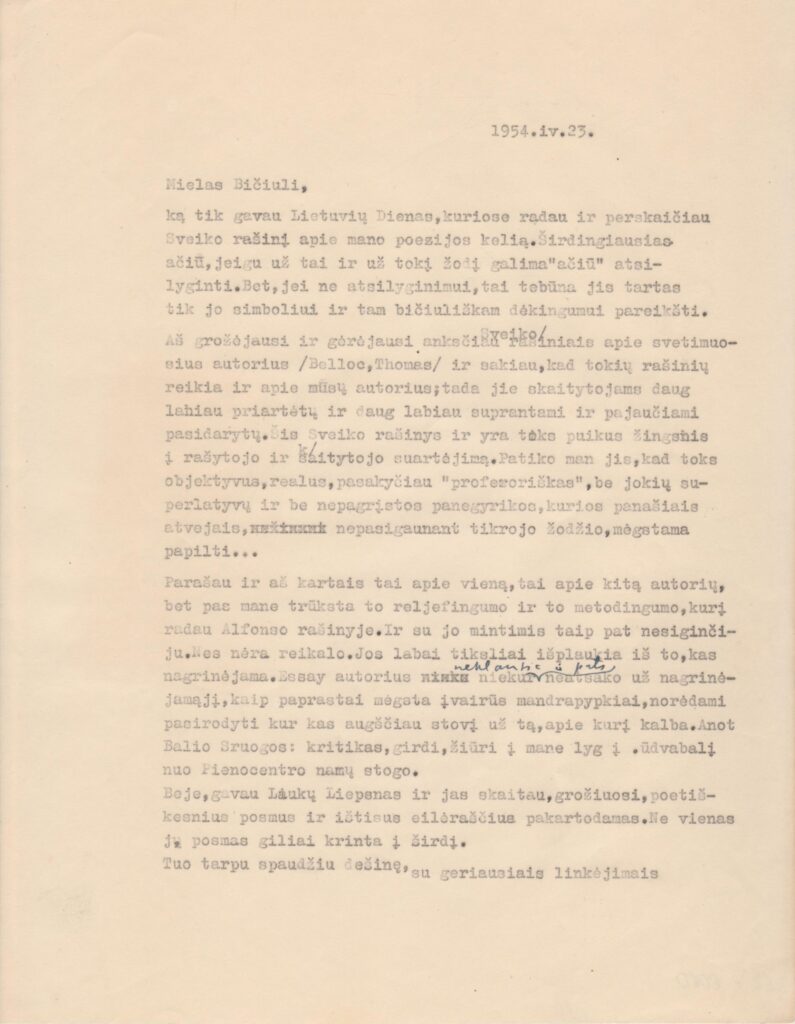B. Brazdžionio laiškas A. Šešplaukiui-Tyruoliui. JAV, 1954-04-23 BBR P6060