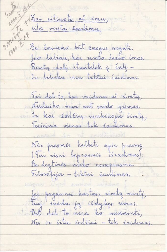L. Žitkevičiaus eilėraštis „Kai eiliuoti aš imu, / eilės virsta žaidimu“. MLLM 40432 1