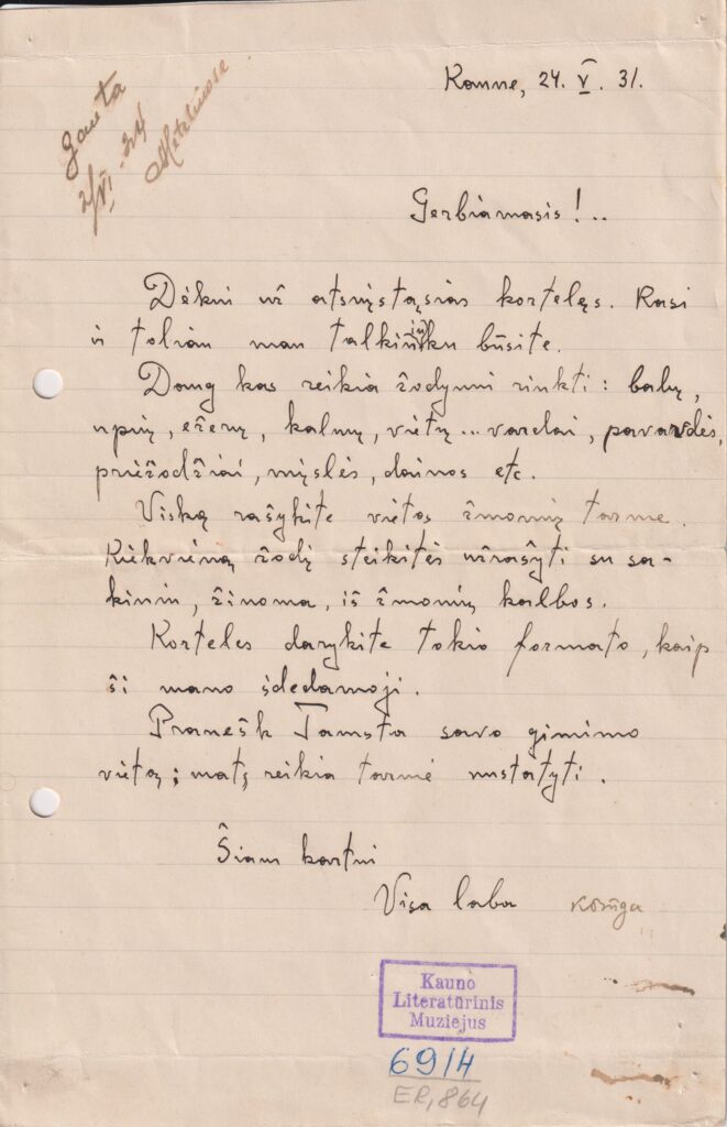 K. Būgos laiškas J. Augoniui į Seirijų apskritį, Metelius. 1924-05-31. MLLM 6914