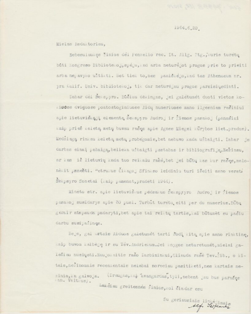 A. Šešplaukio-Tyruolio laiškas A. Vaičiulaičiui. Bruklinas, 1964-06-20. MLLM 74338