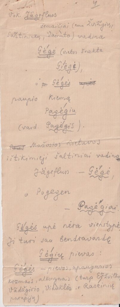 Gėgės upėvardžio kilmės aprašas. 1921–1924 m. MLLM 13271