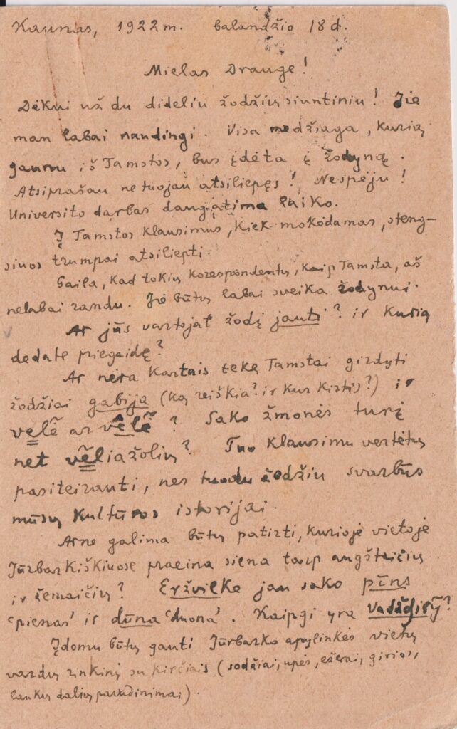 K. Būgos atvirlaiškis mokytojui A. Giedraičiui (1892–1977) (slapyvardis Giedrius). 1922-04-18. MLLM 11128