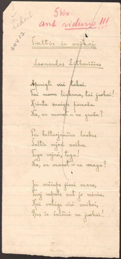 L. Žitkevičiaus eilėraštis „Šaltis ir vaikai“. MLLM 11427 02