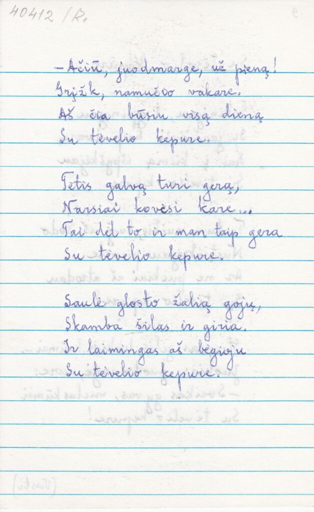 20. L. Žitkevičiaus eilėraštis „Su tėvelio kepure“. MLLM 40412 10