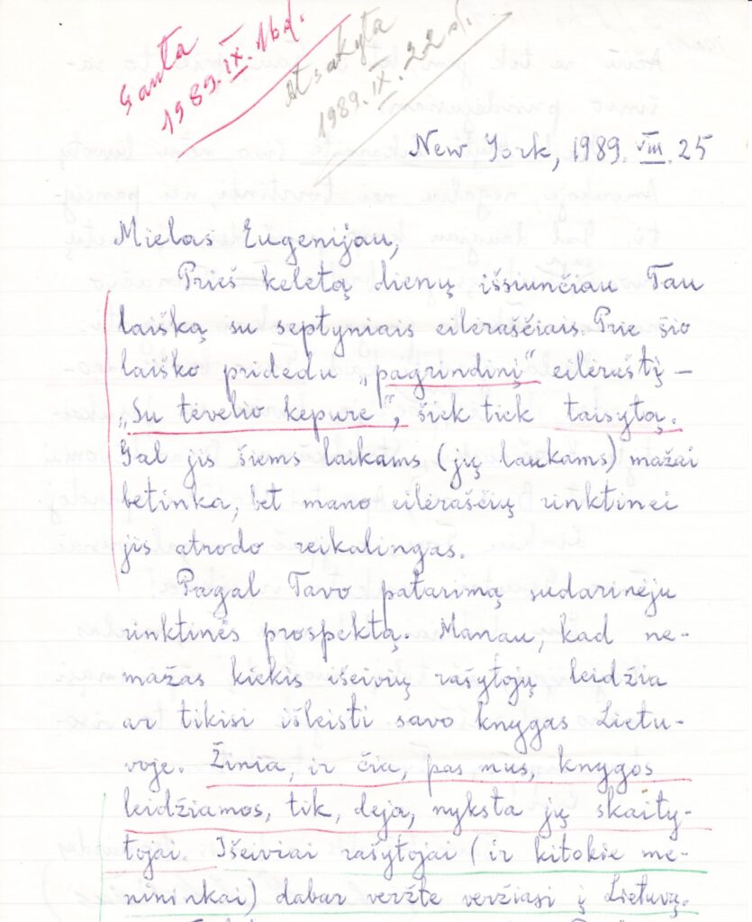 L. Žitkevičiaus ranka rašytas laiškas E. Matuzevičiui. Niujorkas, 1989-08-25. MLLM 40405 1