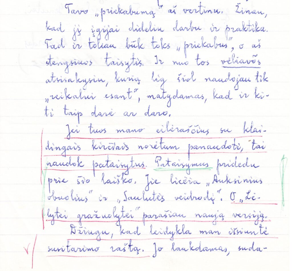 L. Žitkevičiaus ranka rašyto laiško E. Matuzevičiui fragmentas. Niujorkas, 1989-09-04. MLLM 40406 1