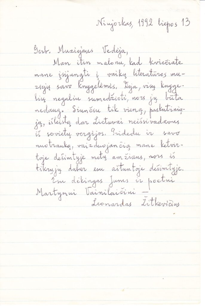 L. Žitkevičiaus ranka rašytas laiškas MLLM Vaikų literatūros muziejaus vedėjai B. Glaznerienei. Niujorkas, 1992-07-13. MLLM 55364