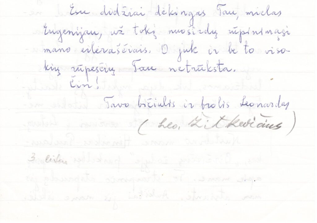 L. Žitkevičiaus ranka rašyto laiško E. Matuzevičiui fragmentas. Niujorkas, 1989-08-25. MLLM 40405 2
