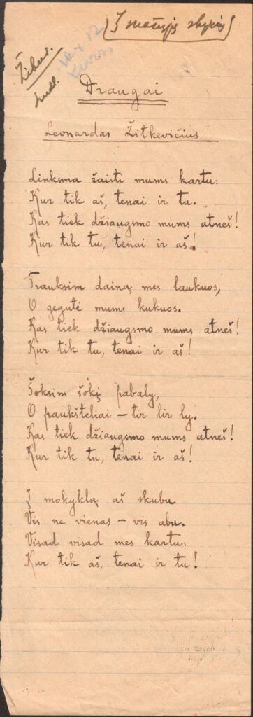 L. Žitkevičiaus eilėraštis „Draugai“. MLLM 11427 08