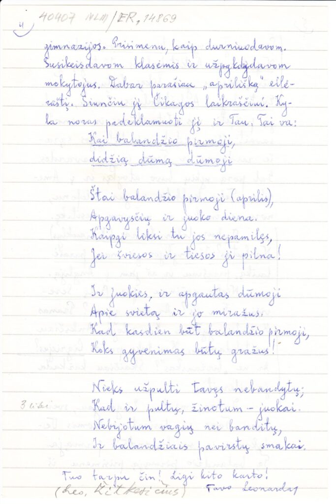 L. Žitkevičiaus ranka rašyto laiško E. Matuzevičiui fragmentas. Niujorkas, 1989-03-16. MLLM 40407 4