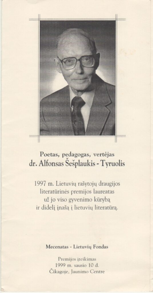Lietuvių rašytojų draugijos literatūrinės premijos įteikimo programa. Čikaga, 1999-01-10. MLLM P 51284