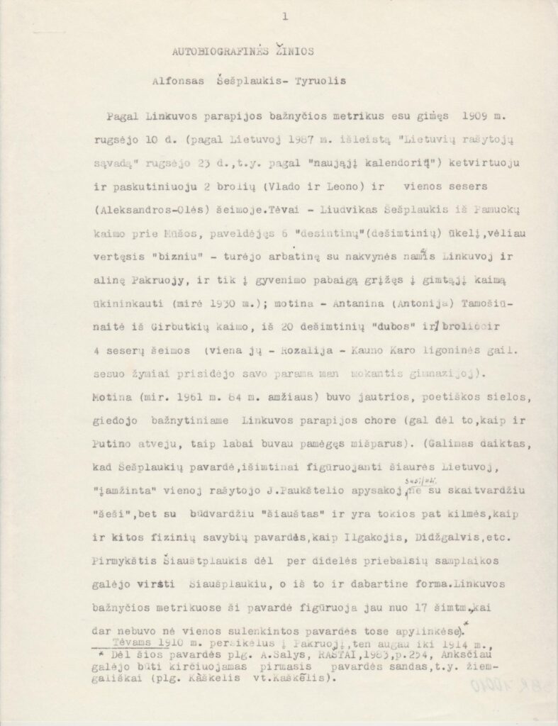 A. Šešplaukio-Tyruolio mašinraštis „Autobiografinės žinios“. JAV, 1989-03-17. BBR 10010
